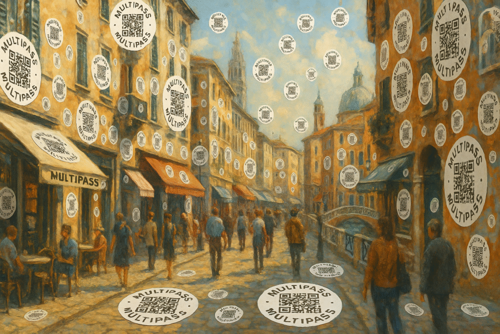 Illustrazione impressionista di una città europea con caffè ed edicole, ricoperta di adesivi tondi Multipass con il QR code del sito
